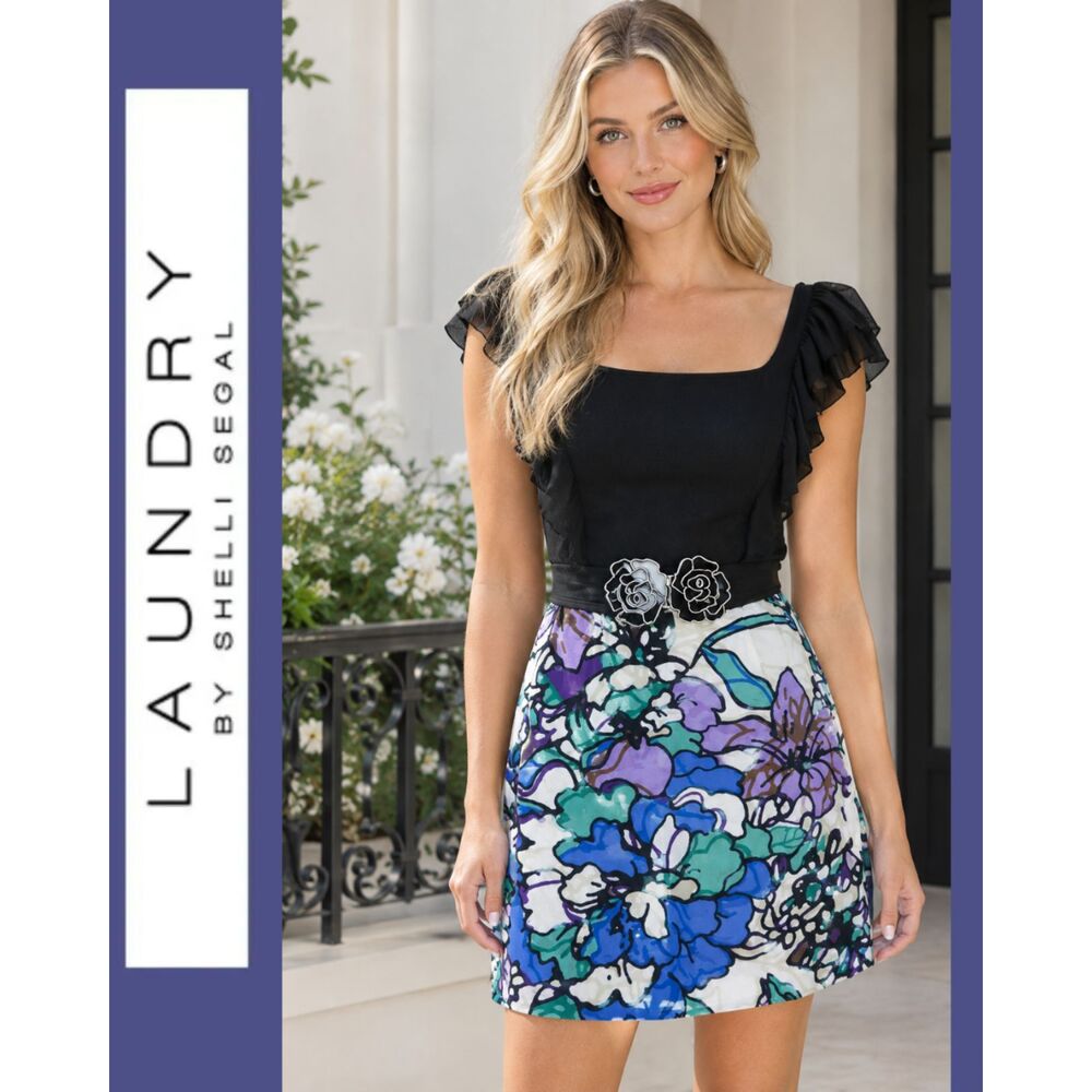 Laundry by Shelli Segal Ruffle and Belted Floral Dress (Stain at Skirt, No Rtns)